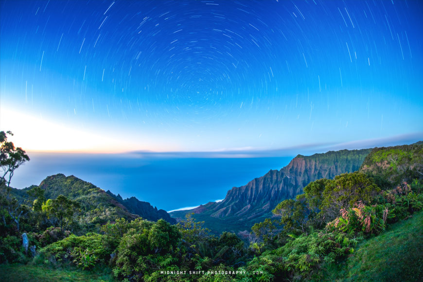 Star Trails over Kalalau Lookout on the island of Kauai, Hawaii.