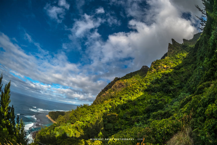Views of the Na Pali Coast and Ke'e Beach on the island of Kauai, in Hawaii
